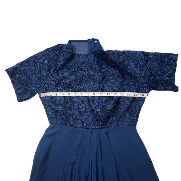 TS Conture Dress S Navy Blue Tea Length Embroidered Lace Bodice Chiffon Skirt - Picture 6 of 14
